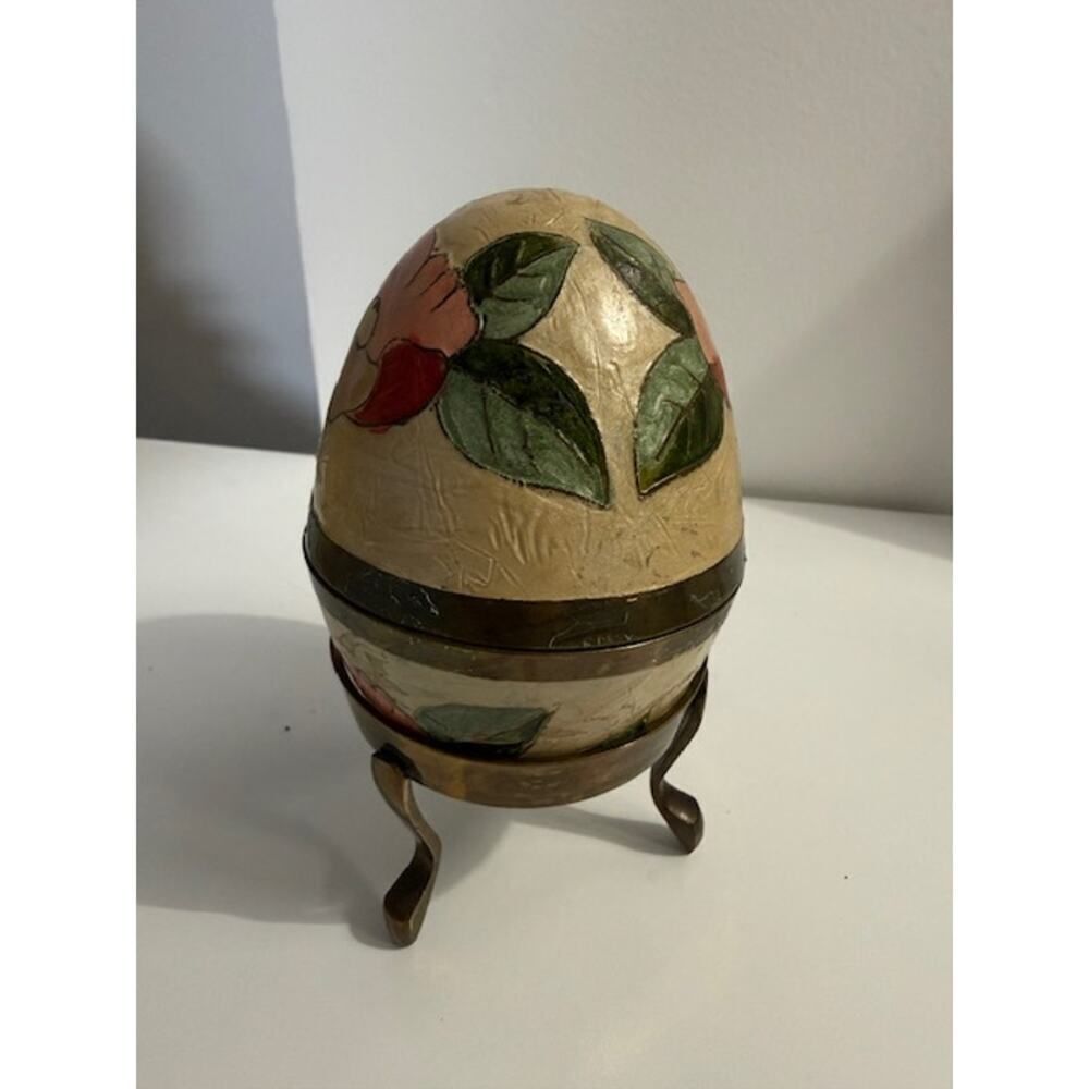 Vintage Enameled Cloisonne Brass Egg Trinket Box and stand India 6"